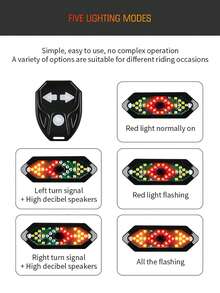 2/1 件塑料自行车灯组，双 T6 前灯，无线遥控器，高分贝扬声器，转向信号尾灯，USB 充电，强光手电筒，电池电量显示，山地自行车配件
