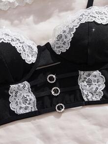 4pcs/Set New Sexy Women's Lingerie Set, Adjustable Straps, Front Slit Triangle Bra, Waist Sheer Lace Skirt, Lace Bracelet And Choker, Comfortable Seductive Intimate Apparel Set, Suitable For Carnival Parties - Black - View 6