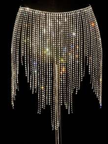 Gold-Plated Crystal Long Tassel Waist Chain Body Chain,A Sexy, Shiny Fringe And Crystal-Studded Dress For Belly Dancing, Featuring A Body Chain As An Accessory, Suitable For Western Performances.Waist Chain Body Chain Sexy Shiny Flow Soda Diamond Skirt Belly Dance Body Chain Show Accessories Europe And America