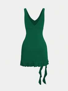 Sexy V-Ausschnitt asymmetrisches rückenfreies Minikleid, vielseitiges Partykleid, neue Sommermode - Dunkelgrün - Übersicht 3