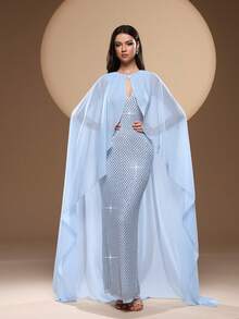 Women's Solid Color Round Neck Hollow Out Neckline, Heavily Embellished With Rhinestones, Elegant And Sophisticated, Long Sleeveless Chiffon Hooded Cape Dress, Ethereal For Formal Occasions, Banquet And Gala
