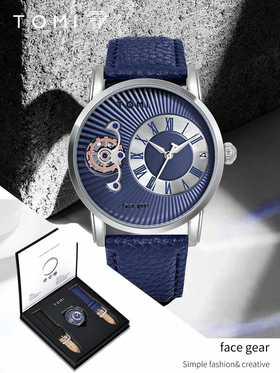 TOMI 礼品套装：男士旋转齿轮石英表，带可更换表带，礼盒装，适合日常生活、返校、万圣节、节日 - 藍色 - 查看 1