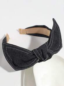 3/1pc Simple Versatile Denim Headband With Bow Knot Wide Hairband, Suitable For Daily, Commute, School, Work