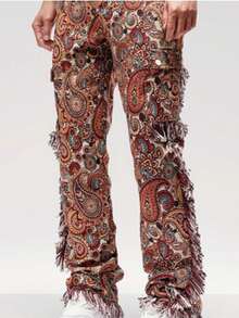 Men's Fashion Jeans Butterfly Floral Jacquard Fringe Hem Trousers Multi-Pocket Cargo Pants Slim Straight Pants Streetwear - 紅色 - 查看 5