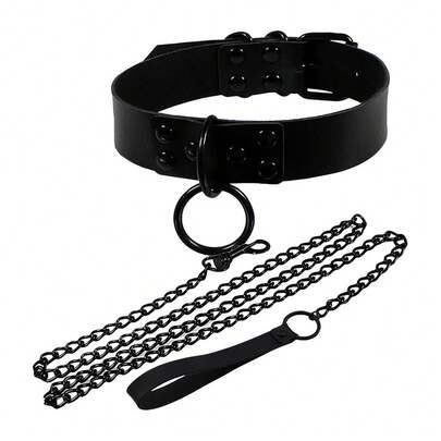 Adjustable Goth Style Exaggerated Leash Collar Necklace Accessory Set