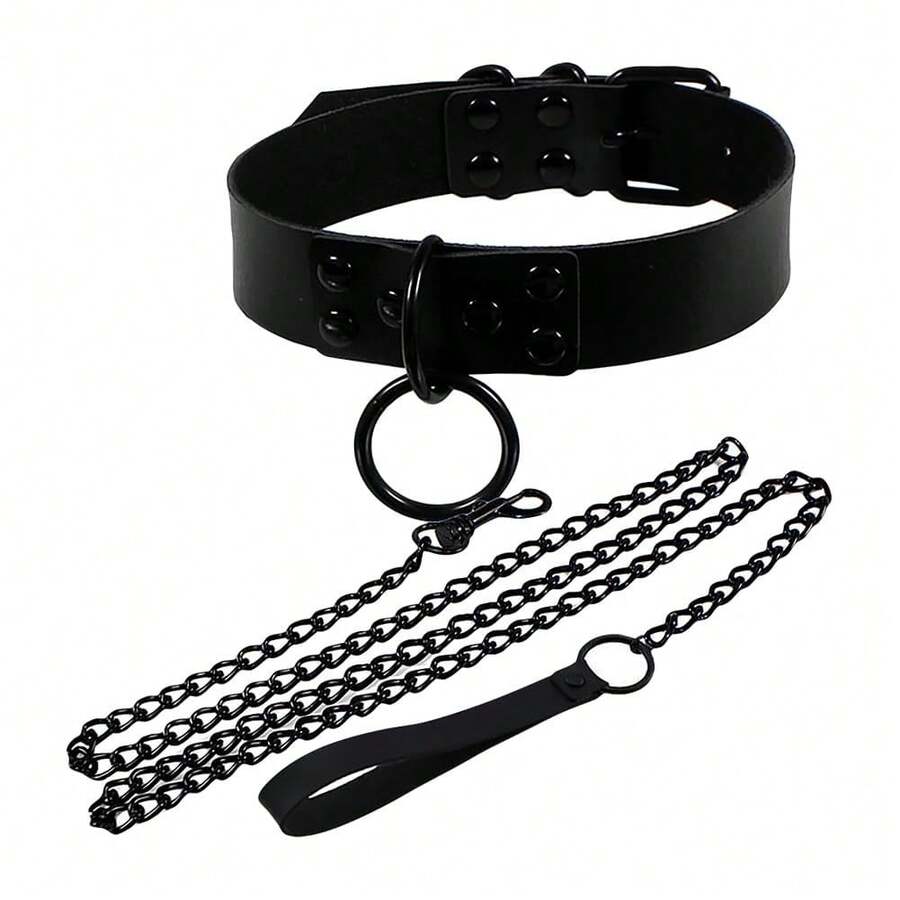 Adjustable Goth Style Exaggerated Leash Collar Necklace Accessory Set - Black - View 1