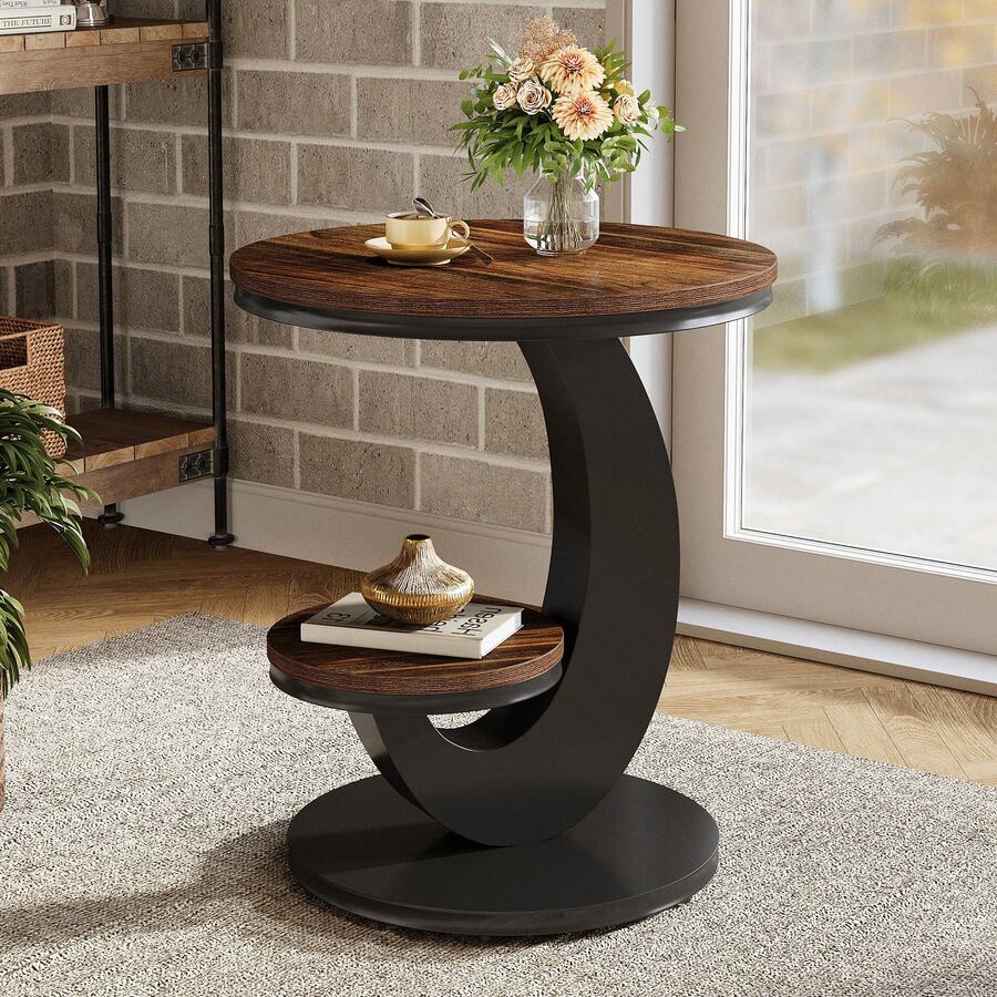 LITTLE TREE Round End Table, 2 Tiers Side Table With Storage Shelf, Sofa Side Bedside Nightstand With Rustic Wood And Metal Arc-Shaped Frame For Small Spaces, Living Room, Bedroom, Easy To Assemble - 棕色 - 查看 1
