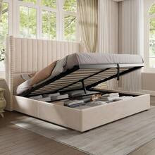 Lift Up Storage Bed Frame Queen/King Size, Velvet Upholstered Platform Bed With Channel Tufted Wingback Headboard, Modern Bedroom Furniture Design, No Box Spring Needed, Cream - Cream - View 1