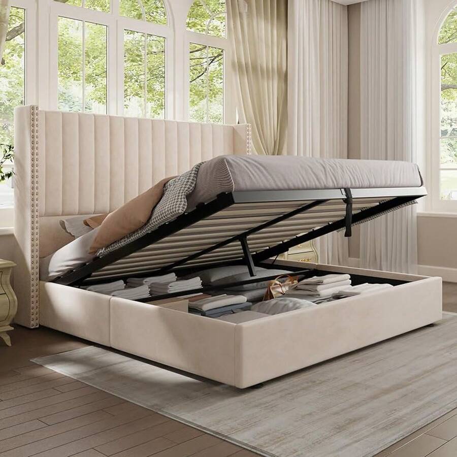Lift Up Storage Bed Frame Queen/King Size, Velvet Upholstered Platform Bed With Channel Tufted Wingback Headboard, Modern Bedroom Furniture Design, No Box Spring Needed, Cream - Cream - View 1