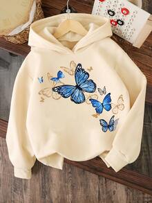 Young Girl Butterfly Pattern Warm Hoodie Sweatshirt - Apricot - View 1