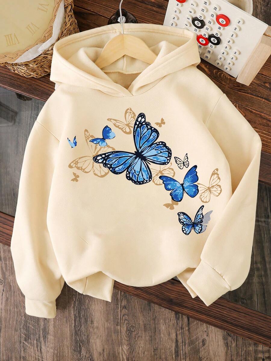 Young Girl Butterfly Pattern Warm Hoodie Sweatshirt - Apricot - View 1