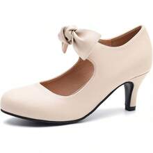 Women's Cute Bow Heels Mary Jane Kitten Heel Pumps Closed Round Toe Low Heels Ankle Strap Wedding Evening Party Dress Office Work Church Shoes-20256688 - 裸色霧面 - 查看 1