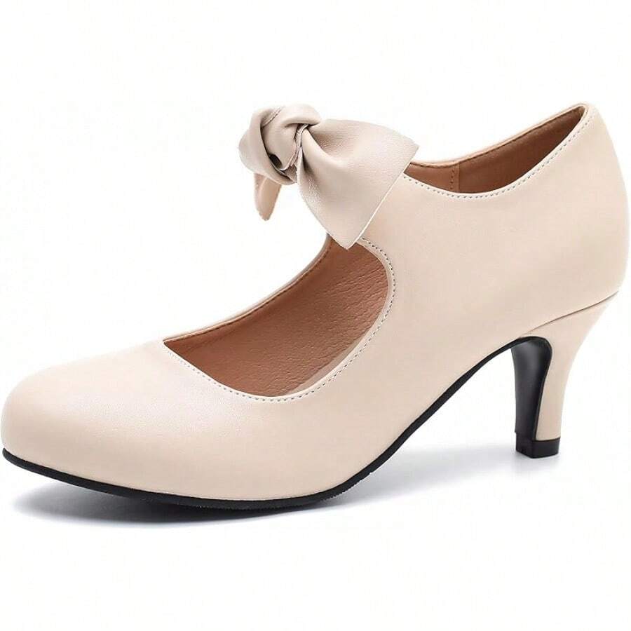 Women's Cute Bow Heels Mary Jane Kitten Heel Pumps Closed Round Toe Low Heels Ankle Strap Wedding Evening Party Dress Office Work Church Shoes-20256688 - 裸色霧面 - 查看 1
