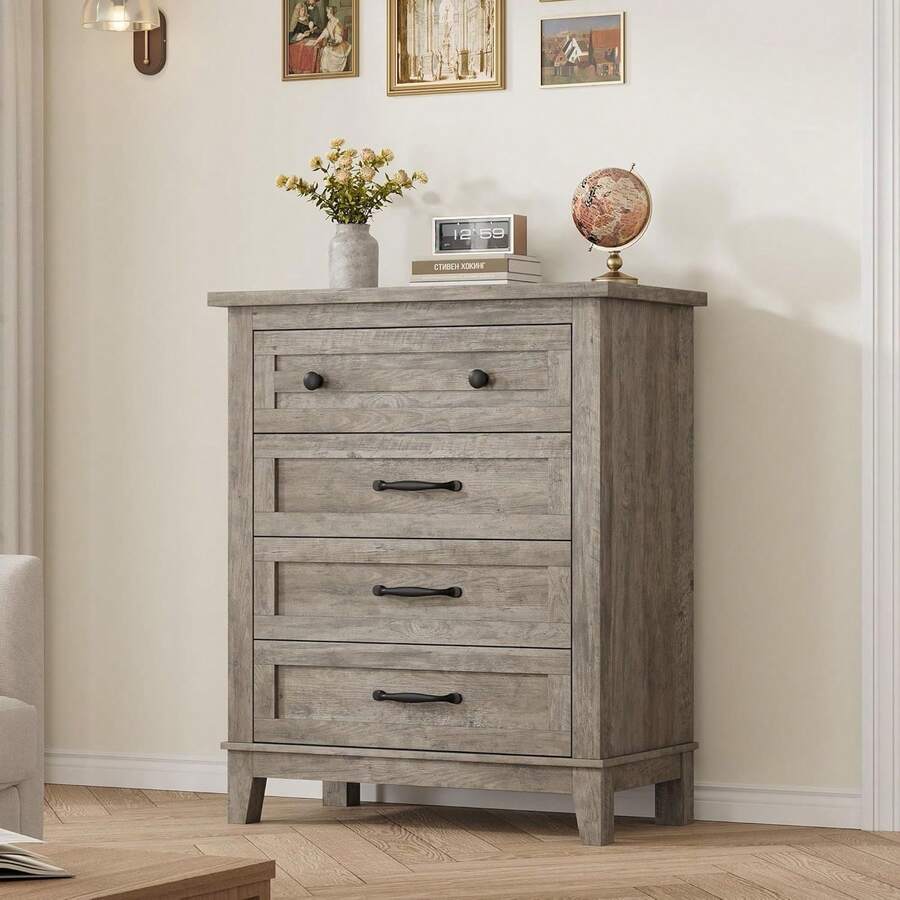 mteryoing Home 4 Dresser For Bedroom, 34.8" Tall Vertical Drawer Dresser With Large Storage, Freestanding Wooden Closet Chest For Bedroom, Living Room - 灰色 - 查看 1