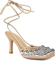 Saint Leia Women's 4IN High Heel Sandals Nude Stiletto Pumps With Gold Silver Pearls Heels For Weddings Parties And Evening WearChristmas - 裸銀 - 查看 1