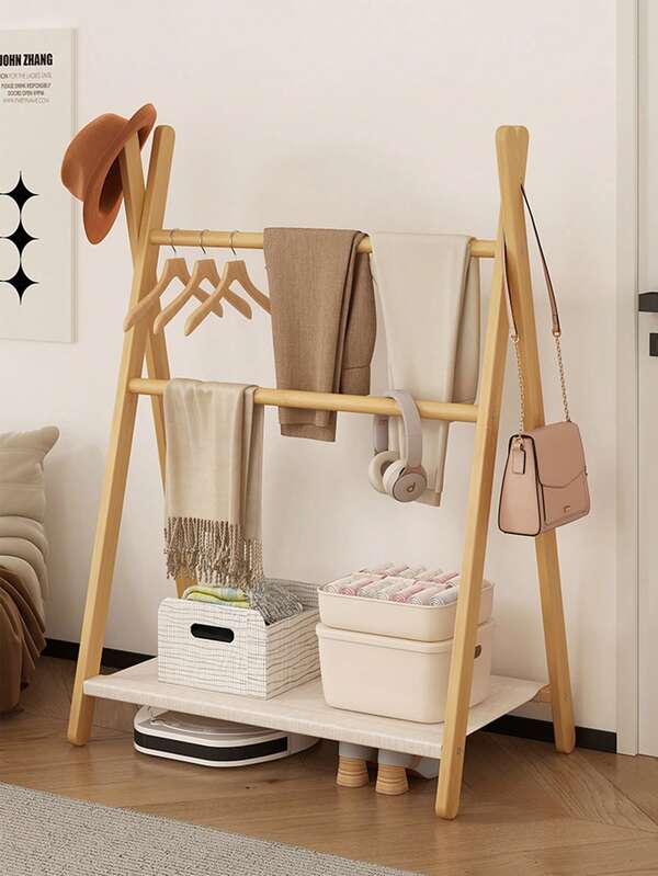 1pc Stylish Minimalist Bamboo Folding Clothes Rack - Versatile Standing Coat Rack And Storage Solution, Perfect For Compact Spaces In Bedrooms, Living Rooms, Dorms, And Balconies - Space-Saving, Portable Design For Effortless Organization And Chic Home Decor, Ideal For Seasonal Wardrobe Management And Everyday Use