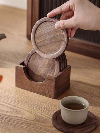 4pcs/3pcs/2pcs/1pc Black Walnut Wood Coasters / 1set Coaster Set / Yellow Beech Wood Round Coasters / Beech Wood Coaster Set / Coffee Cup Mats, Dining Table Decor, Kitchen & Living Room Decor, Insulated Coasters