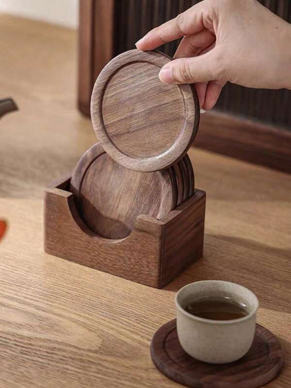4 piezas/3 piezas/2 piezas/1 pieza Posavasos de madera de nogal negro / 1 set de posavasos / Posavasos redondos de madera de haya amarilla / Set de posavasos de madera de haya / Tapetes para tazas de café, decoración de mesa de comedor, decoración de cocina y sala de estar, posavasos aislantes