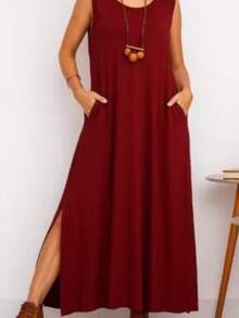 Women's Long Dress With Side Slit Plus Size - Redwood - View 2