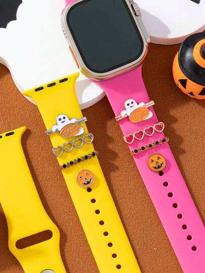 4pcs Decorative Halloween Ghost And Pumpkin Festival Style Apple Nail And Ring Loop Jewelry With Apple Watch Band 40mm 41mm 42mm 38mm 44mm 45mm 46mm 49mm, Soft Silicone Sport Flowers Bands With Decorative Compatible With Apple Watch Charms For Series 10 9 8 7 6 5 4 3 2 1 SE For Women