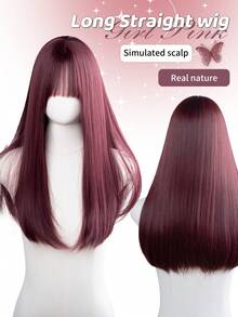 1顶带刘海的耐热合成假发，长直红发，24英寸，纤维材质，适合日常佩戴和派对，高度逼真。 - 紅色 - 查看 1