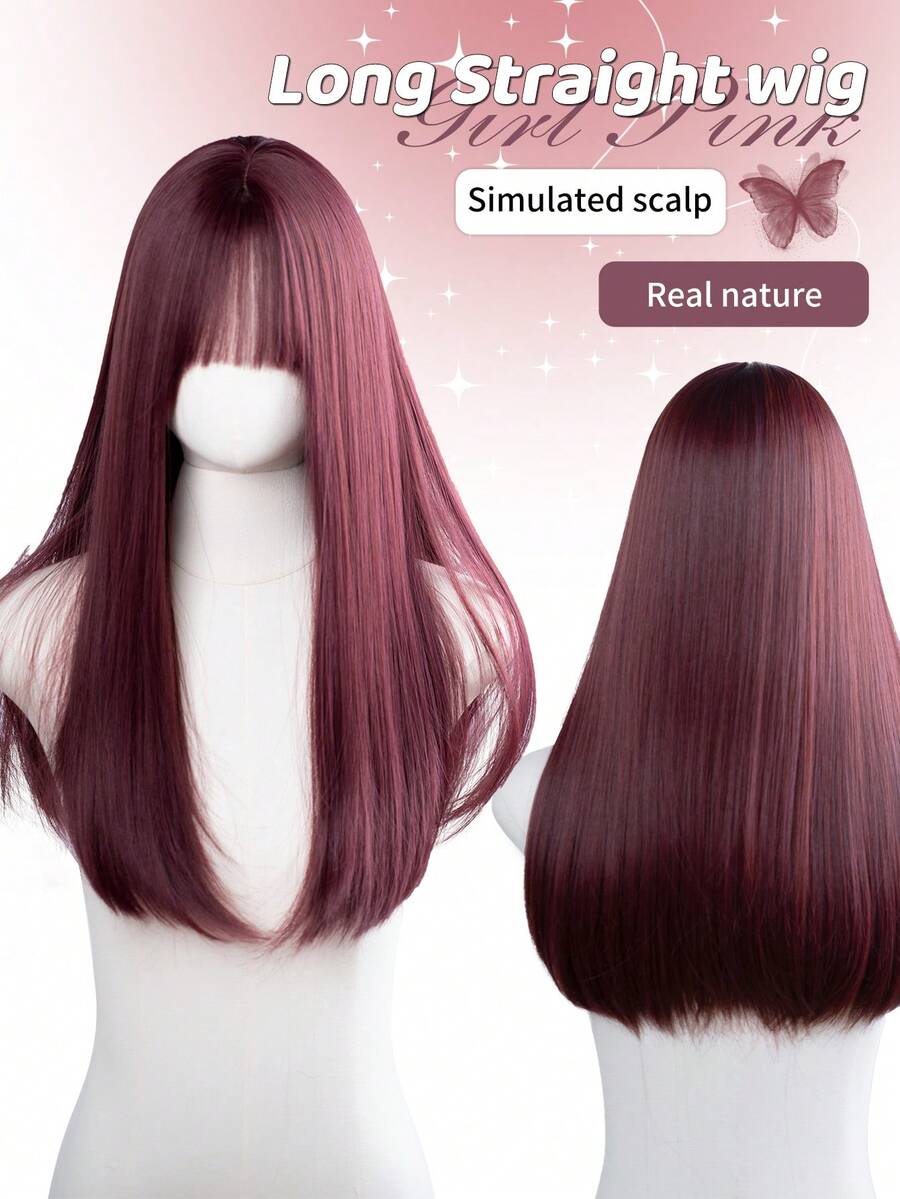 1顶带刘海的耐热合成假发，长直红发，24英寸，纤维材质，适合日常佩戴和派对，高度逼真。 - 紅色 - 查看 1