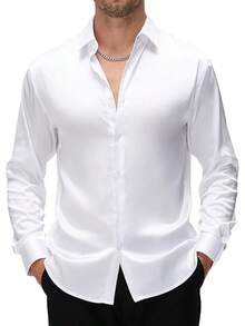 Mens Silk Satin Dress Shirts Shiny Long Sleeve Button Down Shirt Party Prom Wedding Shirthalloween - trắng - Xem 1