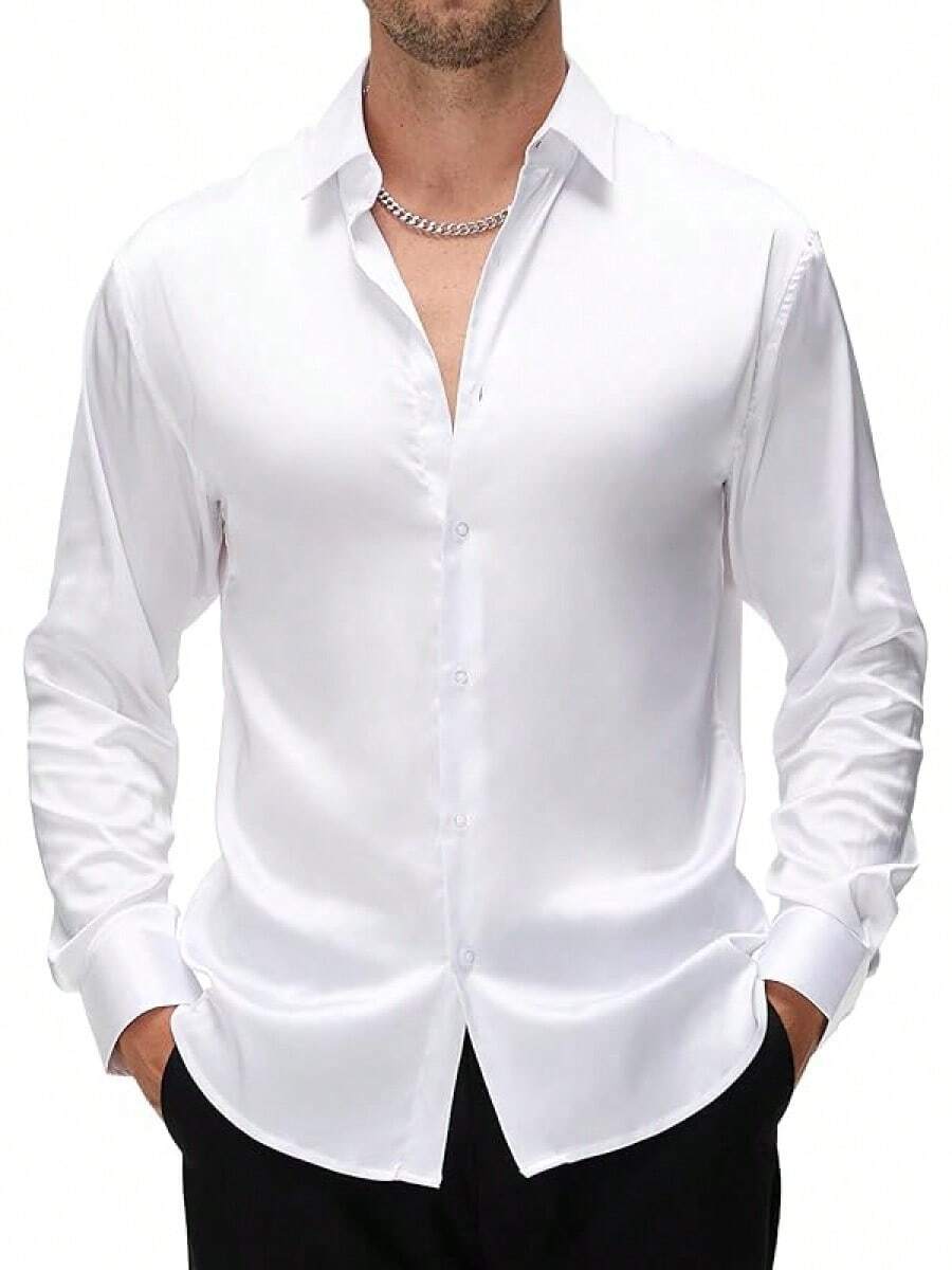 Mens Silk Satin Dress Shirts Shiny Long Sleeve Button Down Shirt Party Prom Wedding Shirthalloween - trắng - Xem 1