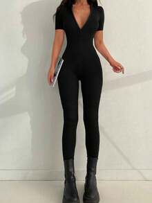 Sexy Streetwear Fitted Zip-Up Short Sleeve V-Neck Jumpsuit Unitard, , Fashionable For Spring And Summer