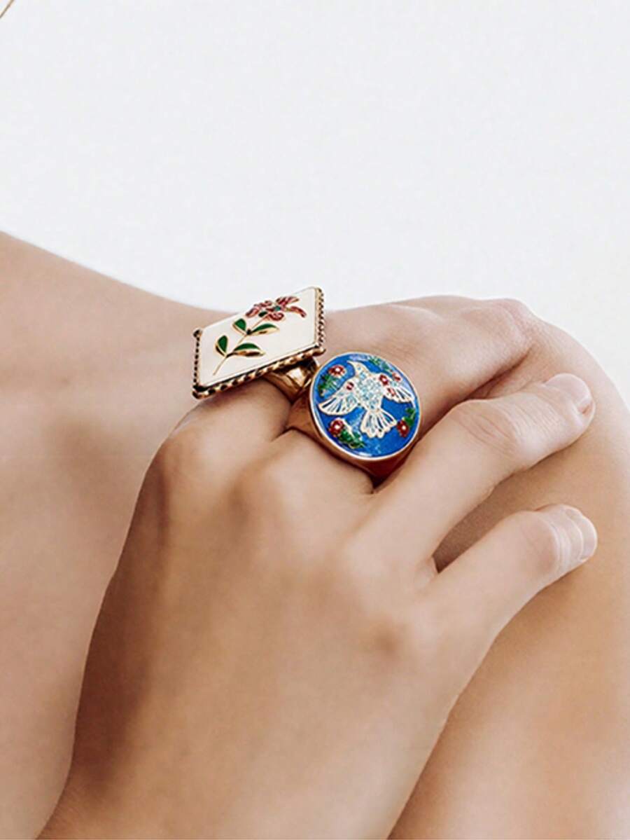 Bộ nhẫn dầu nhỏ giọt màu chạm khắc Baroque ZAA, thiết kế hình hoa cổ điển cung điện thủ công, cá nhân hóa, đa năng, trang sức cao cấp, nhẫn tinh tế cổ điển kiểu Tây Ban Nha, phụ kiện trang sức dự tiệc sang trọng chất lượng cao dành cho nữ - Nhiều màu - Xem 1