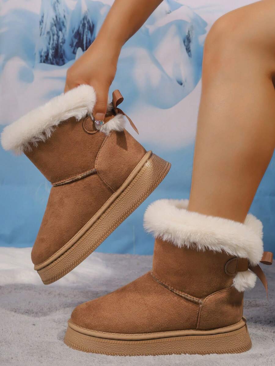 Botas de nieve de suela gruesa con lazo de unicolor, 2025. Botas cortas de invierno para mujer, acolchadas y cálidas para fiestas/uso casual, para ir al trabajo/esquí al aire libre con forro térmico antideslizante