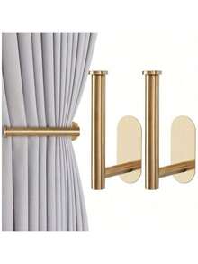 Conjunto de 2 prendedores de cortina adesivos sem furos - Suportes modernos em aço inoxidável para varão, prendedores de cortina para parede, ideais para sala de estar, quarto ou escritório, acabamento branco/dourado/preto, design minimalista e duráveis. - Multicolorido - Ver 7