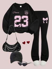 1 bộ đồ thể thao Y2K Sweet cho bé gái - Phong cách cá tính, số "23" & nơ trang trí, mềm mại và thoải mái, trang phục thường ngày - màu đen - Xem 2