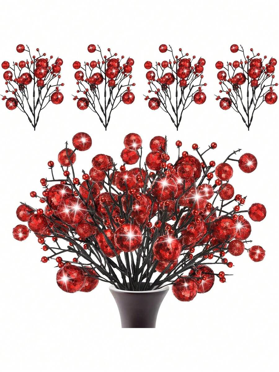 30,2 cm Steli di bacche glitterati natalizi, ornamenti di bacche artificiali glitterate per albero di Natale, corone, decorazioni fai-da-te, centrotavola per feste natalizie