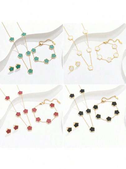 4Pcs Fashionable Stainless Steel Double-Sided Mother-Of-Pearl Five-Leaf Clover Single-Flower Necklace, Bracelet And Stud Earrings Set With 18K Gold Simple Pendant, A High-End Collar Chain Set, A Delicate Gift For Your Lover On Valentine's Day Or Anniversary.