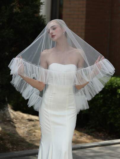 1pc 180cm Romantic Pleated Chiffon Bridal Shawl, Wedding Bride Veil Shawl, Princess Cosplay Long Shawl