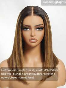 UNice Hair Bye Bye Knots 7x5 Lace Brown With Blonde Piano Highlights Straight Bob Wig With Dark Roots Glueless Bob Wigs 100% Human Hair Ready To Wear Pre Cut Pre Bleached Pre-Pluck Transparent Lace With Drawstring Unice Wigs For Women