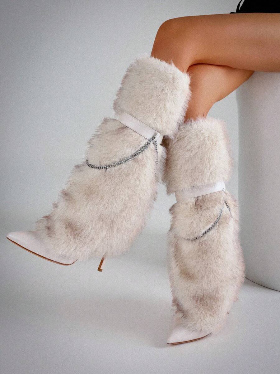 Women's Pointed Toe Stiletto Heels Fluffy Fur Boots Fashion Y2K Halloween Party Furry Fur Knee High Boots With Metal Chain Lace-Up Party Comfy Outdoor Fall Winter Furry Long Boots For Christmas Party - 杏色 - 查看 1