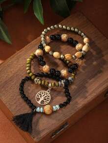 4pcs/Set Bohemian Style Tassel Life Tree Pendant Multi-Layer Wooden Bead Chain Bracelet - Green - View 2