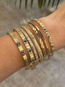 7pcs Set Exaggerated Personalized Hammered Hexagram Twist Open Bangle Bracelet Set, Suitable Daily Wear, - Gold 2 - View 8