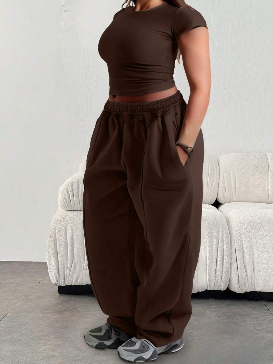 大码女式休闲宽松纯色弹力腰带口袋运动裤 冬季 - 咖啡棕 - 查看 1