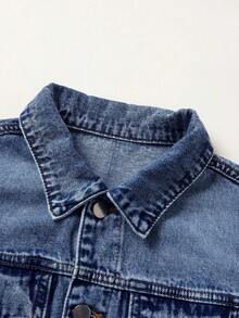 Women's Denim Jacket With Long Sleeves And Buttoned Distressed Denim Jacket - Medium Wash - View 5