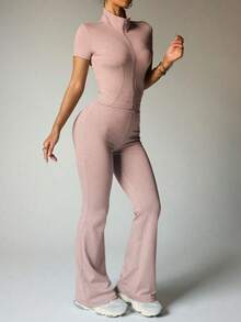 Conjunto de yoga y entrenamiento para mujer con chaqueta con cremallera de manga corta & pantalones acampanados de cintura alta deportivos - Rosa vieja - Ver 5