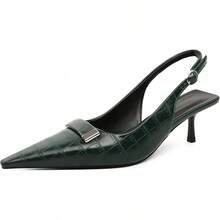 Women's Pointed Toe Slingback Heels Metal Buckle Ankle Strap Kitten Low Heel Pumps 2 Inch Stylish Retro Women Shoes-20256688 - 鱷魚綠 - 查看 4