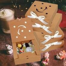 Christmas Minimalist Hollow Square Star Moon Beige Bow Gift Box In Stock, Flip-Cover Folding Square Gift Box Star Moon White Bow, Square Kraft Paper Gift Box - Multicolor - View 12