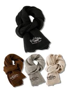 Winter Knitted Wool Scarf In Solid Color With Thick Embroidered Text, Long Style - Multicolor - View 1