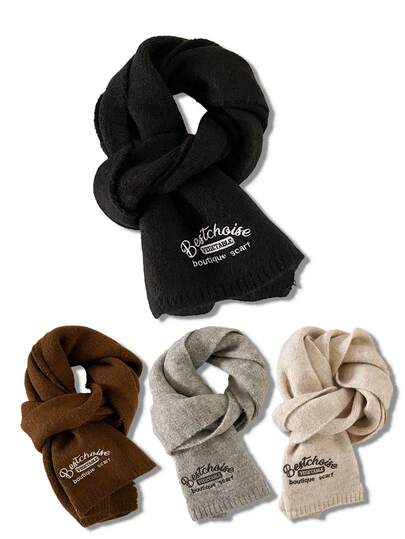 Winter Knitted Wool Scarf In Solid Color With Thick Embroidered Text, Long Style