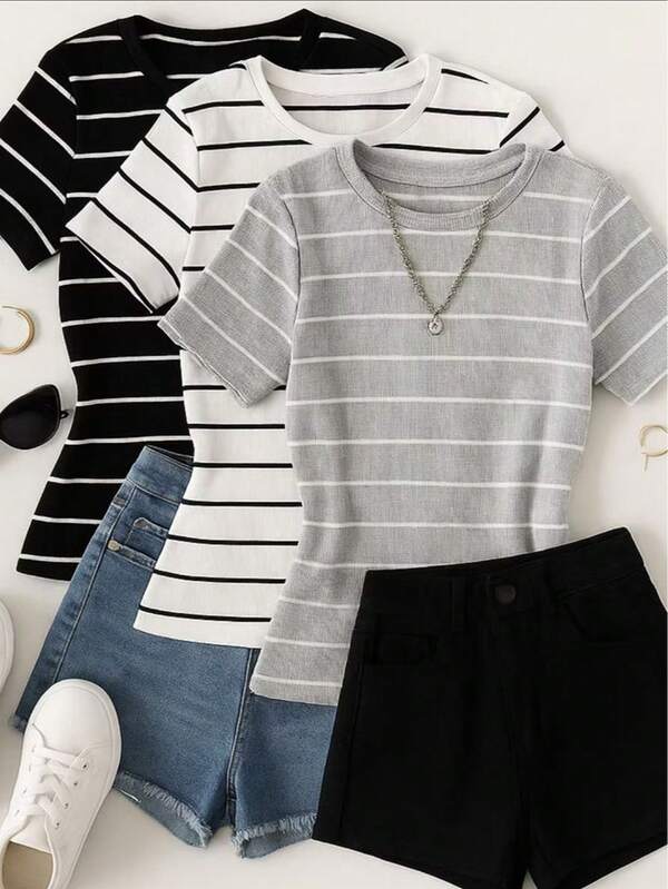 Kit 3 Camisas Feminina Listrada Algodão Casual Moderna Moda Gringa