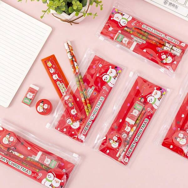 5-Piece Set -1 Set Of Christmas Stationery, Pencil Eraser, Puncher, Ruler, Drawstring Bag, Student Specific Stationery Supplies