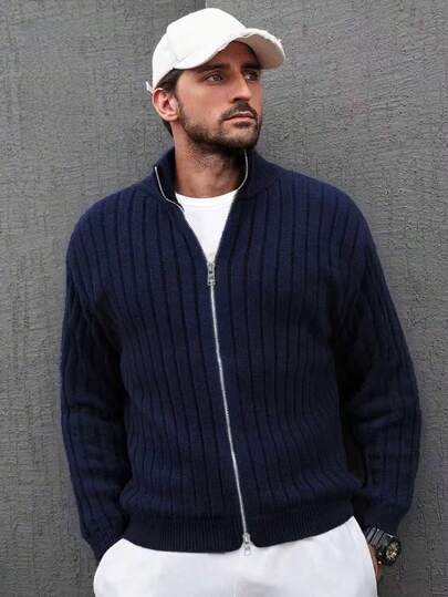 男士纯色立领保暖针织开衫毛衣，适合工作通勤和日常穿着，秋冬季长袖上衣